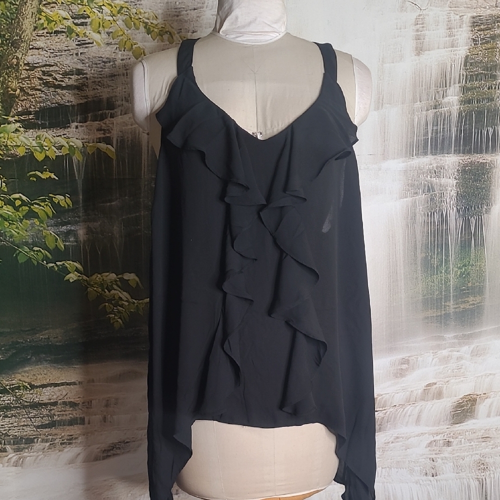 Maurices Womens size 3 Asymmetrical Black Ruffled Sleeveless Lace Cut Out Top